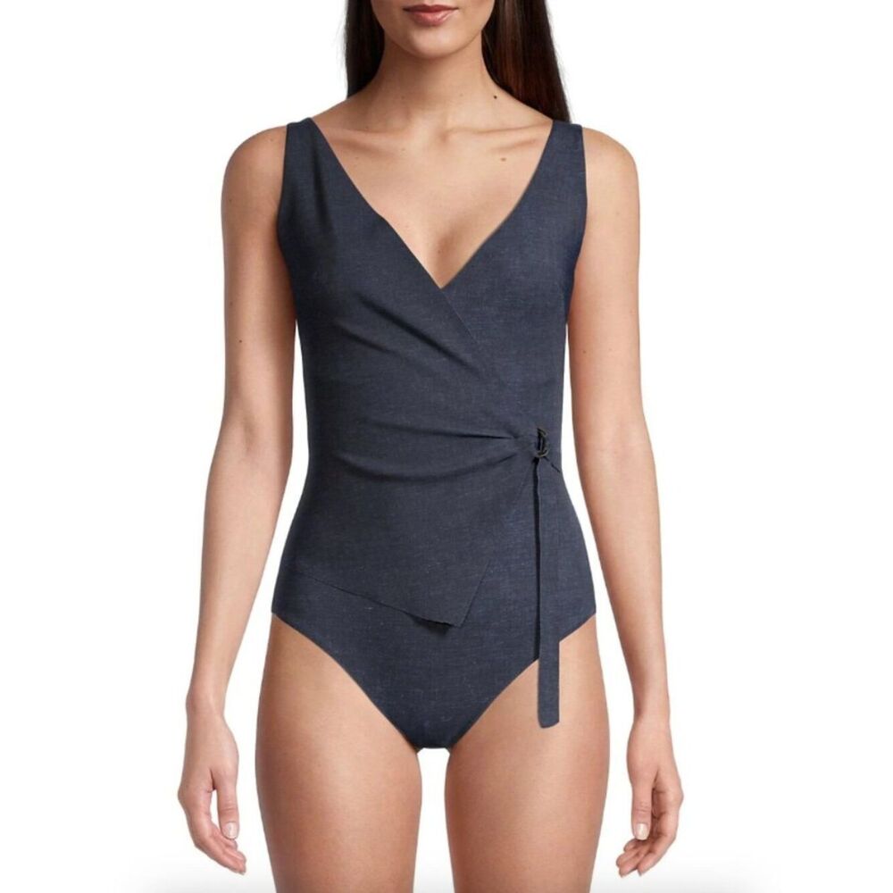 Chiara Boni Agnessa La Petite Robe Wrap Blue Denim One-Piece Swimsuit IT48 US 12